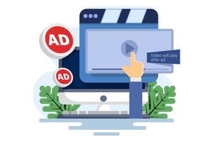 Non-skippable in-stream ad concept. Short ad that viewers have to watch before or during the . Inbound digital marketing business promotion with online broadcasting, illustration. vector