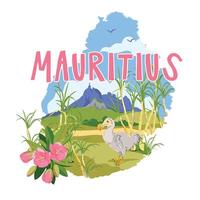Sugar cane fields with famous mount pieter both on mauritius map. Dodo endemic extinct bird, typical plant mauritiustrochetia boutoniana national symbol of the island. landmarks in flat style. vector