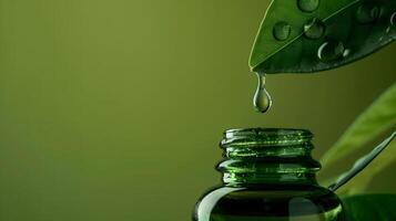 a drop flows from a leaf into a jar, green background, medicine, homeopathy concept, copy space photo