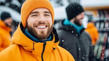 Smiling rental personnel handing snowboards to excited customers cozy cabin style shop with organized racks of gear winter resort energy and helpful, cheerful service photo