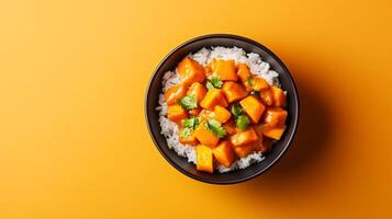 Aromatic Japanese pumpkin curry with tender kabocha, served over rice with pickled ginger, vibrant colors against a gradient background fading from deep amber to warm ochre photo