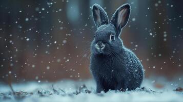 Black hare close-up sitting on snowy meadow with grey fur watching while searching for food in snowy forest against background of Siberian snows photo
