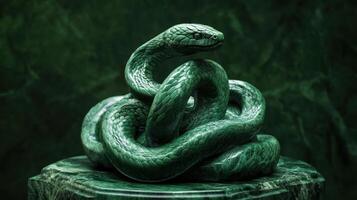 Green wooden snake wrapped around jade, intricate carving design. photo