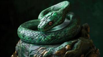 Green wooden snake wrapped around jade, intricate carving design. photo