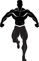 A silhouette logo for a fitness brand, showcasing a strong, muscular figure in an action pose, with bold lines and a dynamic shape vector