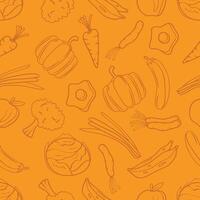 Seamless pattern of foods ,fruits and vegetables-hand drawn line art on yellow background. vector