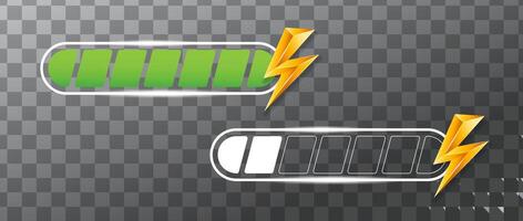 Set of battery status indicator icons with lightning bolts, showcasing different energy levels. Great for UI UX design, energy management apps, and tech-related visuals. vector