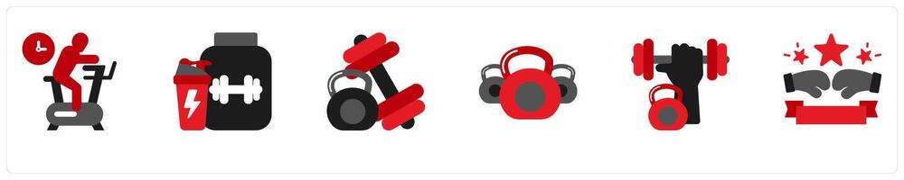 Six exercise icons in red and black as exercycle, body building supplement, weight training vector
