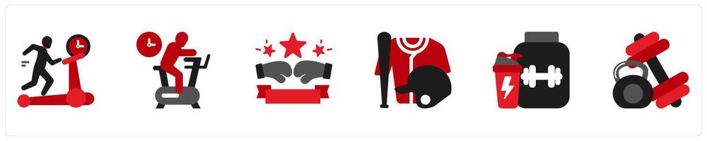 Six business icons in red and black as treadmill, exercycle, boxing vector
