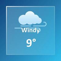 Windy 9 Degrees Celsius weather forecast. Cloudy, overcast, cold, wind speed, air, precipitation, temperature, atmospheric pressure, Fahrenheit, conditions, UV index, synoptic. Glassmorphism vector