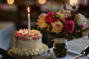 Commemorative Cake Featuring Single Candle and Memorial Flowers photo