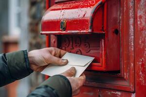 Male Hand Inserting a Letter into a Red Mailbox photo