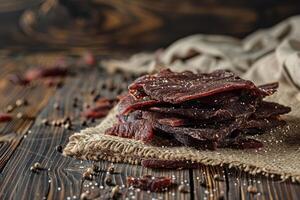 Beef Jerky Displayed on a Tablecloth with Wooden Backdrop photo