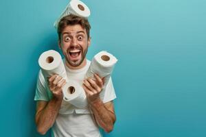 Excited Caucasian Man Holding a Pile of Toilet Paper photo