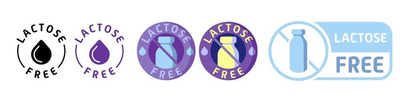Lactose free label. Diet, drop, fermented milk product, lactase enzyme, intolerance, indigestion, digestive problem disorder, congenital, acquired, intestines, stomach, alternative, crossed out bottle vector