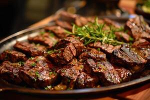 Sizzling Grilled Steak Presented on a Elegant Platter, Offering a Tender and Savory Main Course Experience photo