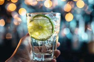 Elegant Glass of Cocktail with Lime and Ice Held in Hand, Ideal for Stylish and Cool Refreshment photo