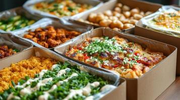 Ramadan family Iftar boxes for takeaway, featuring a variety of dishes. photo