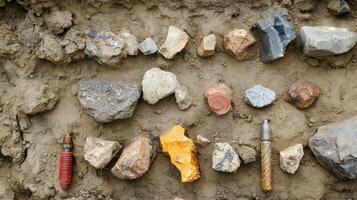 Rock samples gathered during rotary drilling for geological analysis. photo