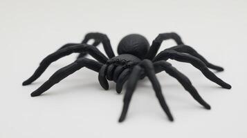 Miniature black rubber spider, ideal for Halloween props or toys. photo