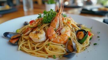 Spaghetti with prawns, shellfish, and zucchini in a seafood medley. photo