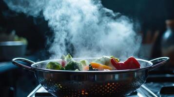Vegetable Colander with Steam in a Dimly Lit Kitchen photo