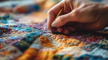 Womans Hand Sewing a Quilt with Needle and Thread photo
