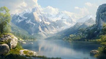 A beautiful river landscape between mountains and clouds. photo