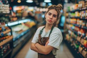 Confident Female Employee in a Grocery Store, Highlighting a Positive and Professional Work Environment photo