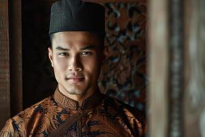 Elegant Young Man Dressed in Malay Attire, Capturing the Essence of Cultural and Formal Fashion photo