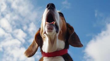 A brown and white basset hound sports a red collar around its neck. photo
