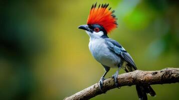 A bird sporting a bold red mohawk rests on a tree branch. photo