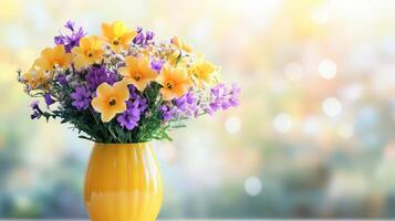 A colorful arrangement of yellow and purple flowers rests in a yellow vase. photo