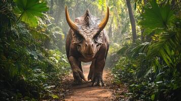 A horned brown dinosaur strolls along a forest path. photo