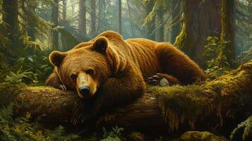 A brown bear rests peacefully on a moss-covered log amidst the forest greenery. photo