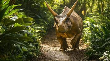 A brown dinosaur with horns traverses a trail through the forest. photo