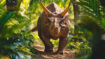 A brown dinosaur with horns traverses a trail through the forest. photo