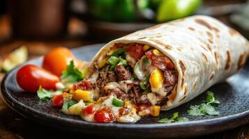A burrito packed with meat and vegetables spilling over with ingredients. photo