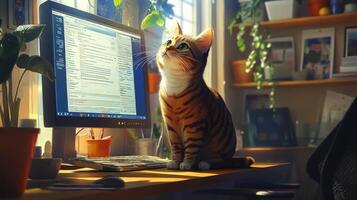 A cat on a desk watches the computer screen with a curious expression. photo