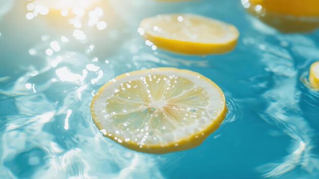 A close up shot of lemon slices floating in clear blue water. photo