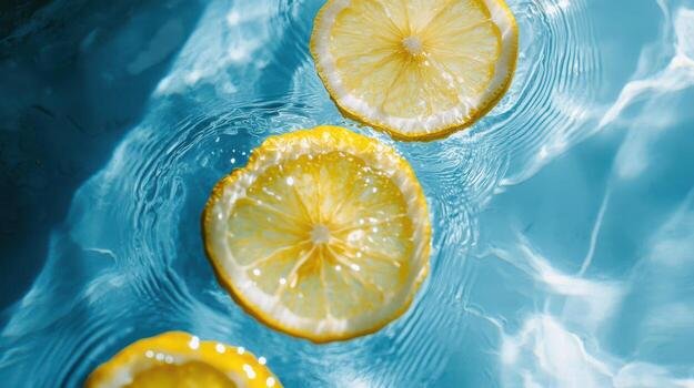 A close up shot of lemon slices floating in clear blue water. photo