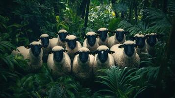 A group of sheep with black faces is grazing in a vibrant green meadow. photo