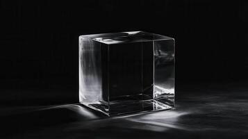 A glass cube is positioned against a black backdrop, reflecting its environment. photo