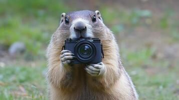 A groundhog captured in the act of photographing with a camera. photo