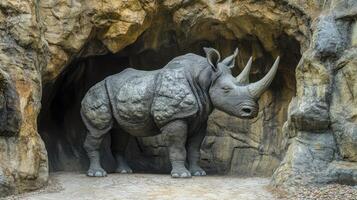 A large, intricately detailed sculpture of a woolly rhinoceros. photo