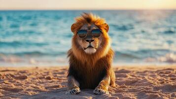 A lion sporting shades while lounging on a sandy beach. photo