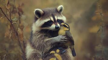 In nature, a raccoon embraces a tiny bird. photo