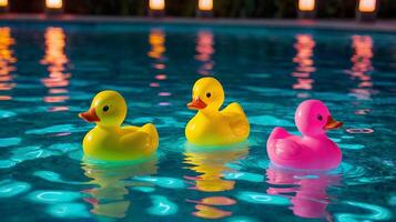 Yellow toy rubber ducks floating in the pool under neon light at evening photo