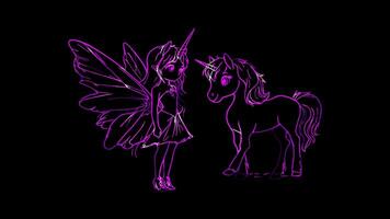 Neon frame effect,Fairy and a Little Unicorn on black background. video