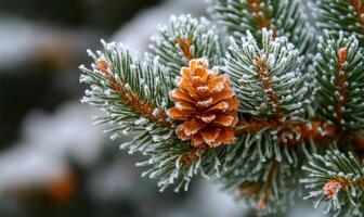 Pine tree close-up, snow clinging, sharp needles photo